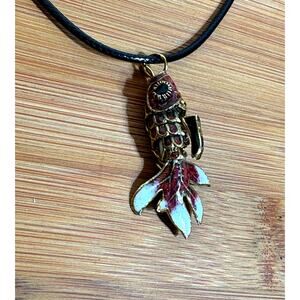 Vintage Articulated KOI Fish Necklace Orange Red White Enamel Gold Tone 17”